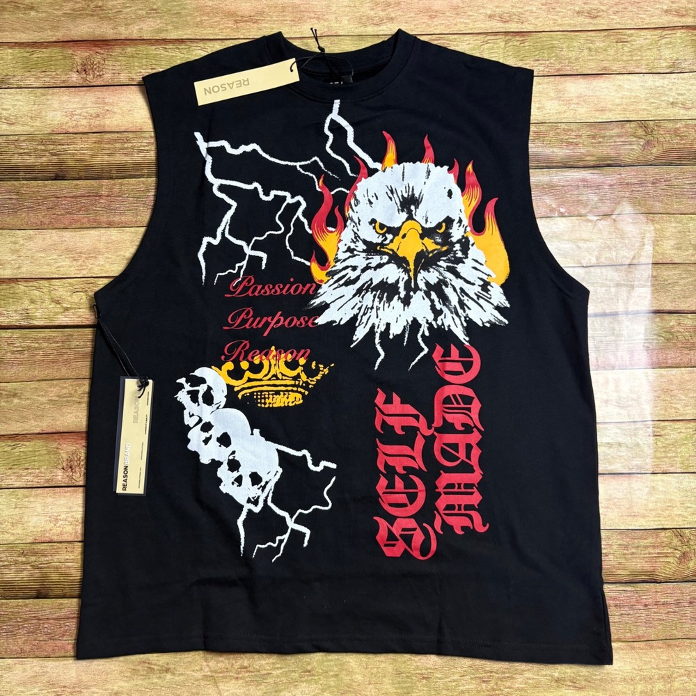 NWT REASON Self Made Biker Graphic Muscle Tank Eagle Skull Vest sz M